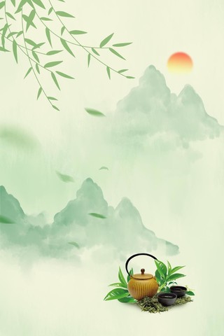 淡绿色青山夏日茶海报背景茶叶背景